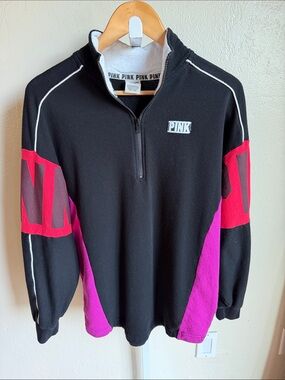 Victoria's Secret PINK Black Hot Pink & Red Colorblock Quarter-Zip Sz Medium